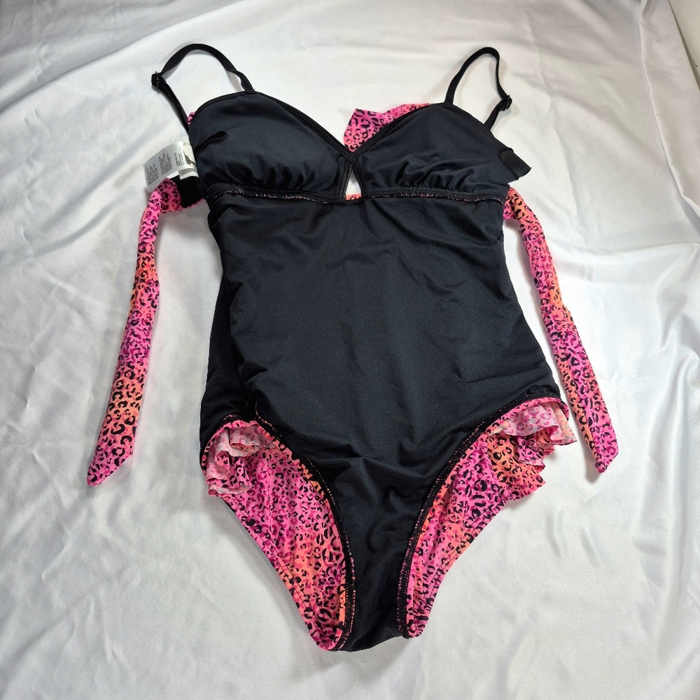 Coco Rave Neon Pink & Orange Leopard Ruffle One Piece Swimsuit XS/S - Picture 7 of 10